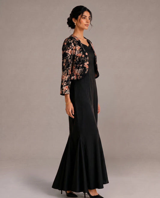 Black Floral Fishtail Jacket Gown