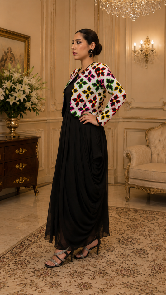 Black Garden Dress with Floral Embroidered Jacket