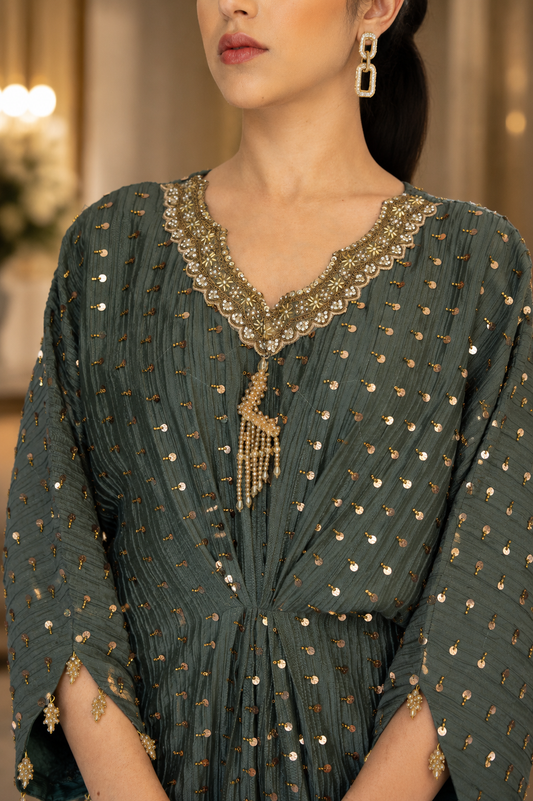Emerald Green Embellished Silk Kaftan
