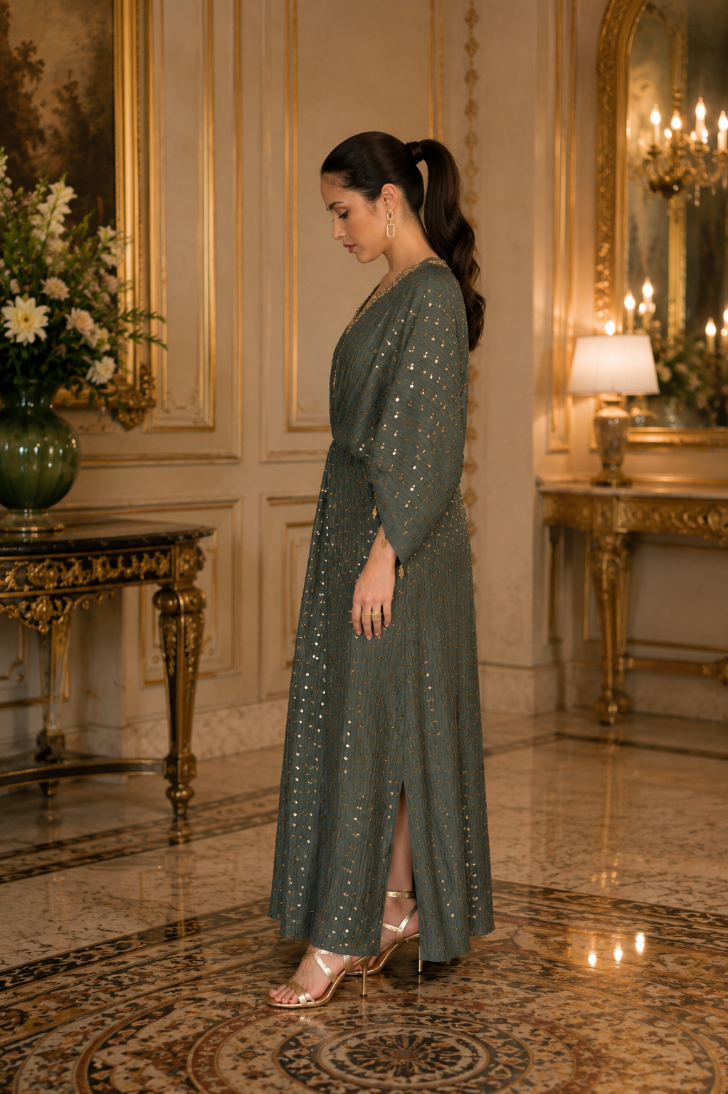 Emerald Green Embellished Silk Kaftan