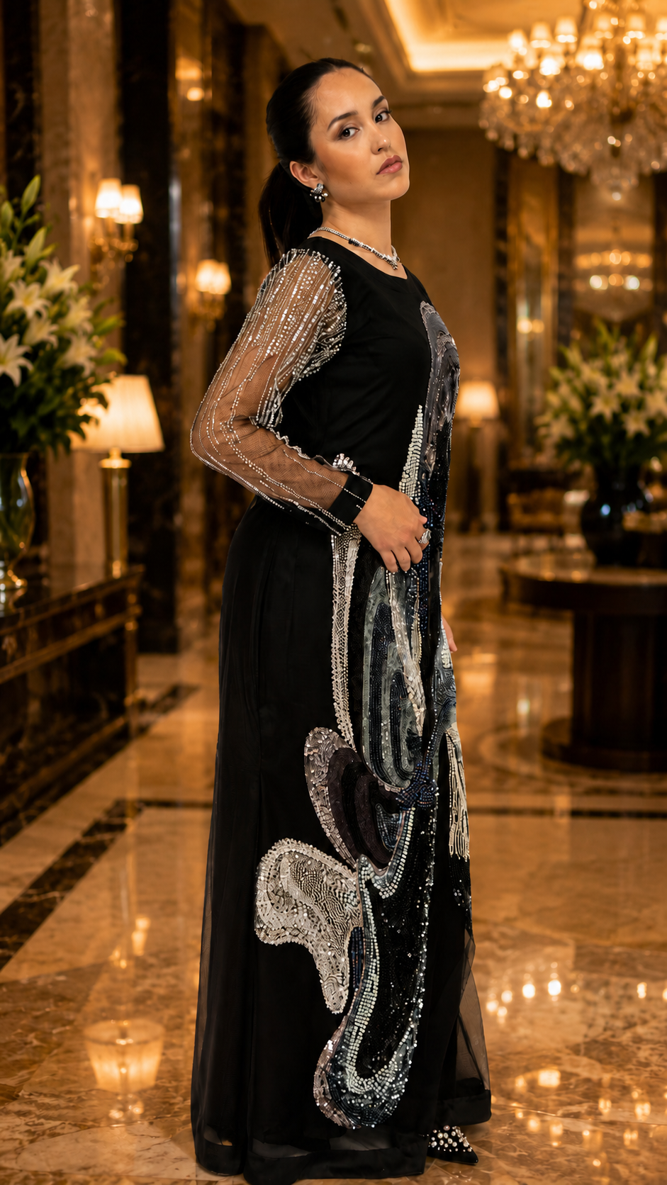 Black Embellished Mesh Maxi
