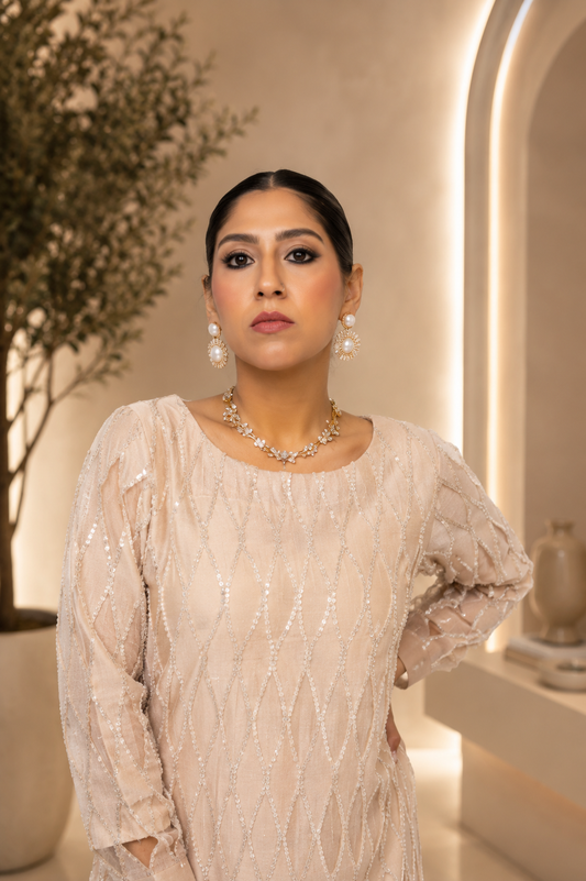 Dusty Peach Sequined Organza & Silk Maxi