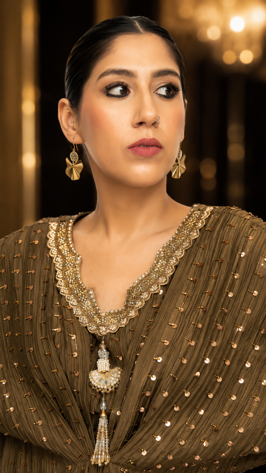 Olive Clay Embellished Silk Kaftan