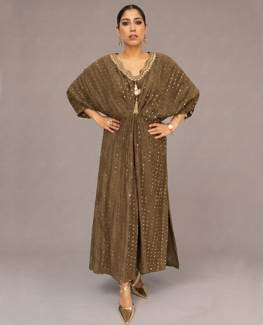 Olive Clay Embellished Silk Kaftan