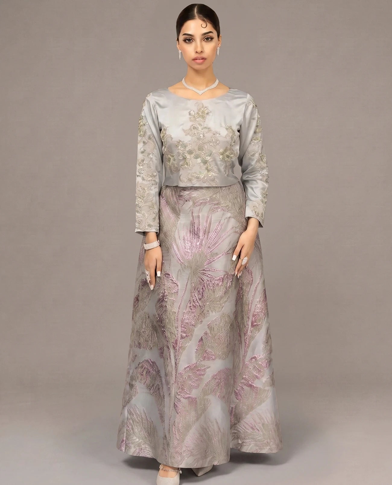 Silver Blossom Embellished Jacquard Gown