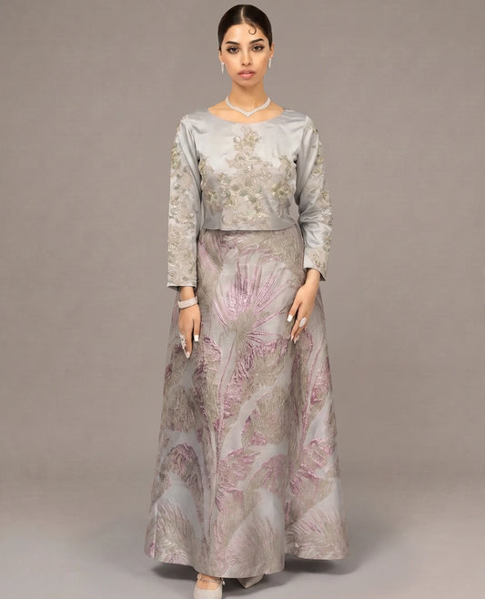 Silver Blossom Embellished Jacquard Gown