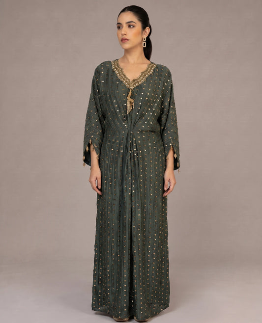 Emerald Green Embellished Silk Kaftan