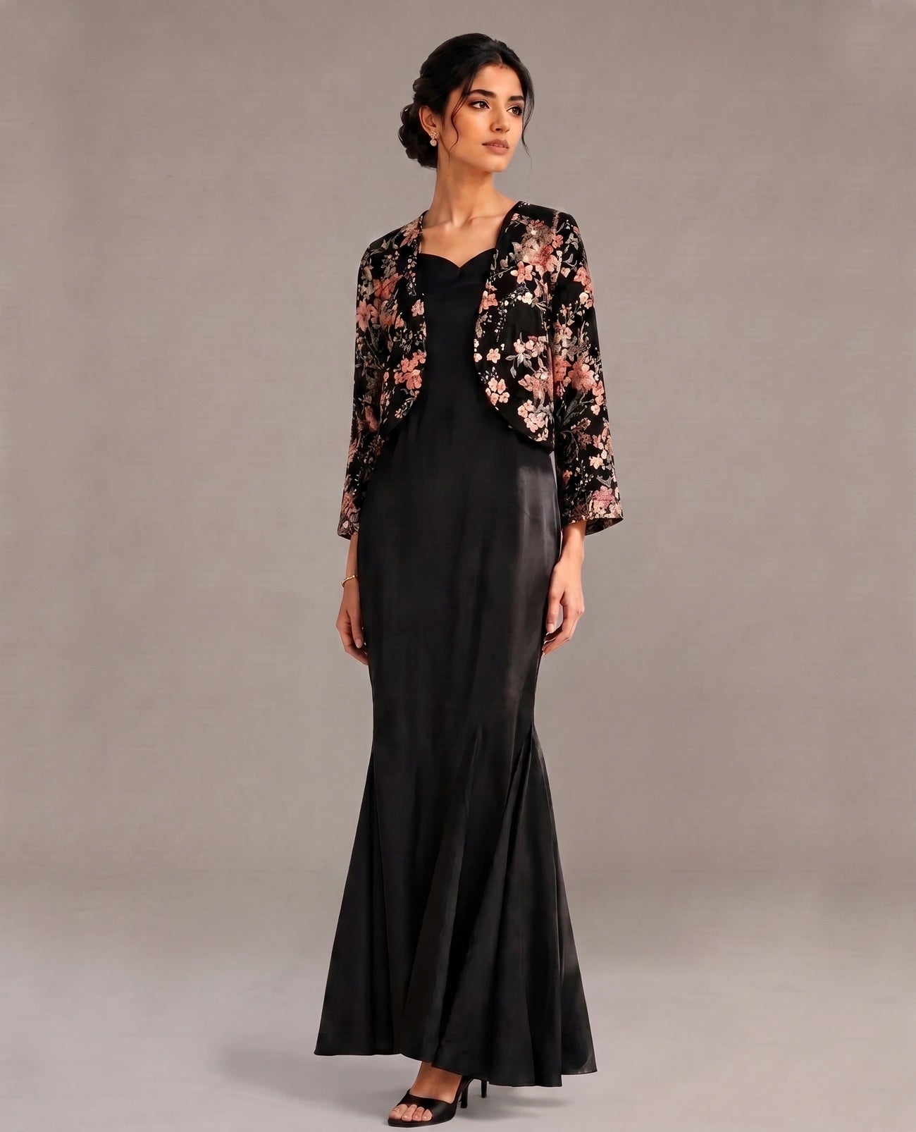 Black Floral Fishtail Jacket Gown