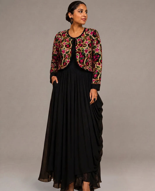 Black Garden Dress with Mosaic Floral Jacket