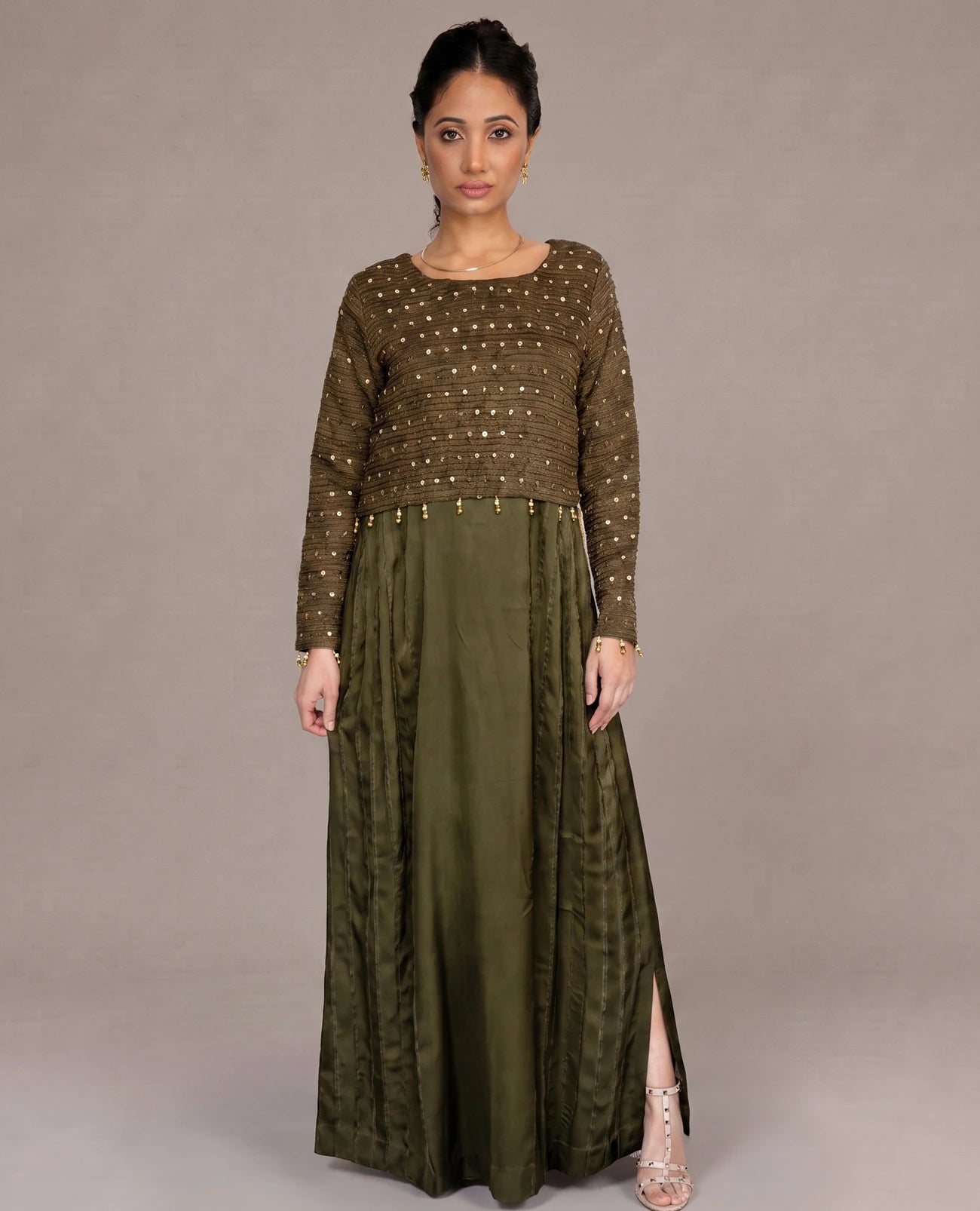 Olive Clay Side Pleated Dress