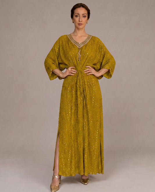 Rich Mustard Embellished Silk Kaftan