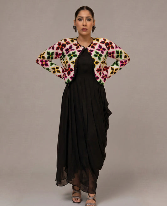 Black Garden Dress with Floral Embroidered Jacket
