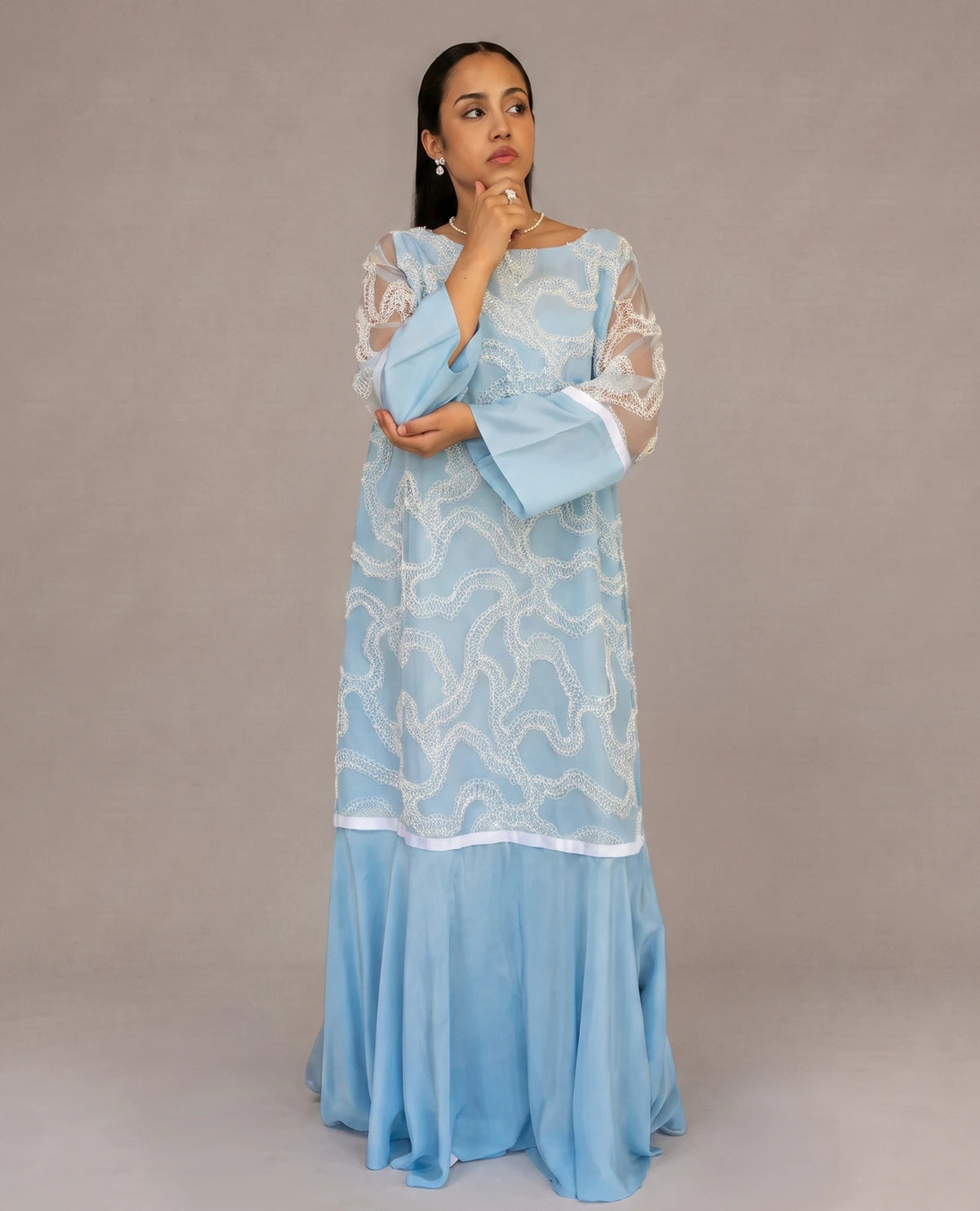 Pearl Powder Blue Lace Cascade Dress