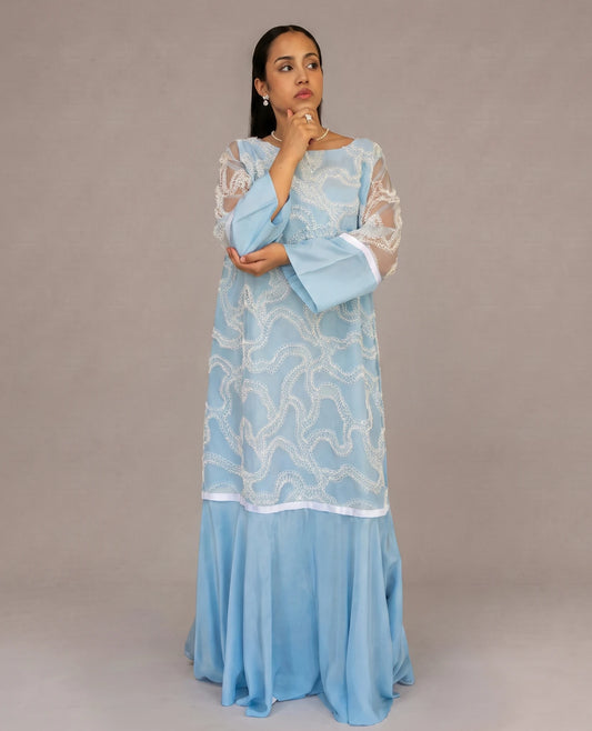 Pearl Powder Blue Lace Cascade Dress