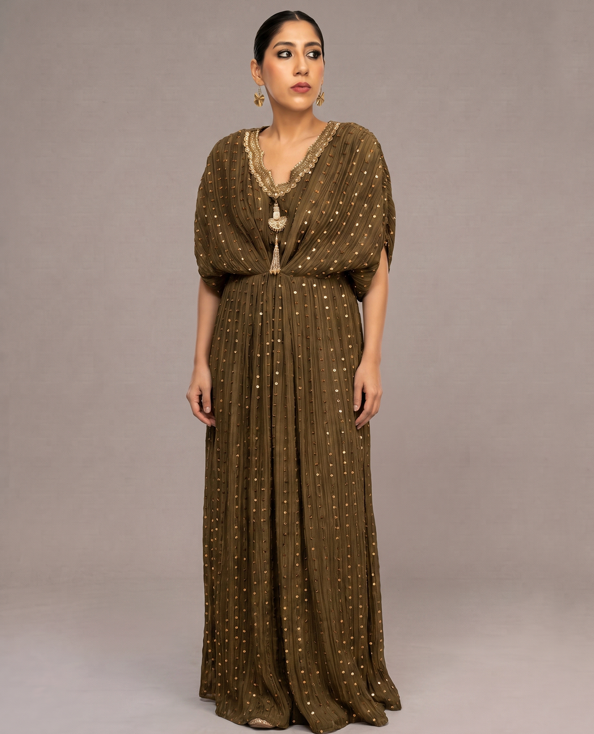 Olive Clay Embellished Silk Kaftan