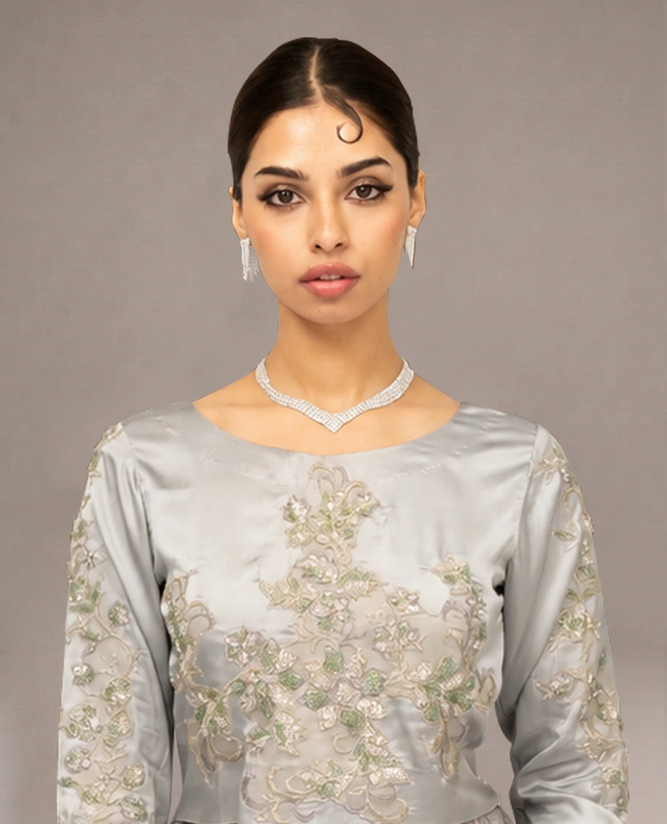 Silver Blossom Embellished Jacquard Gown