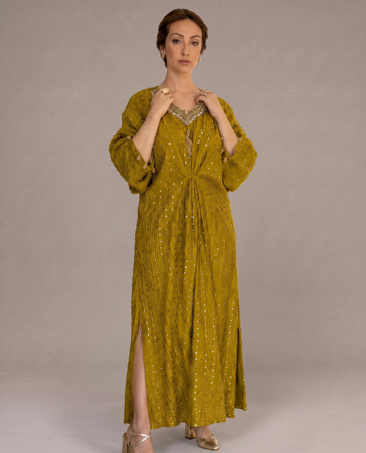 Rich Mustard Embellished Silk Kaftan