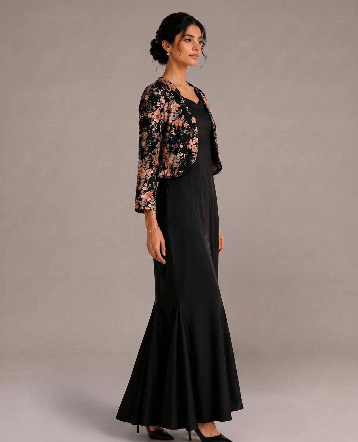 Black Floral Fishtail Jacket Gown