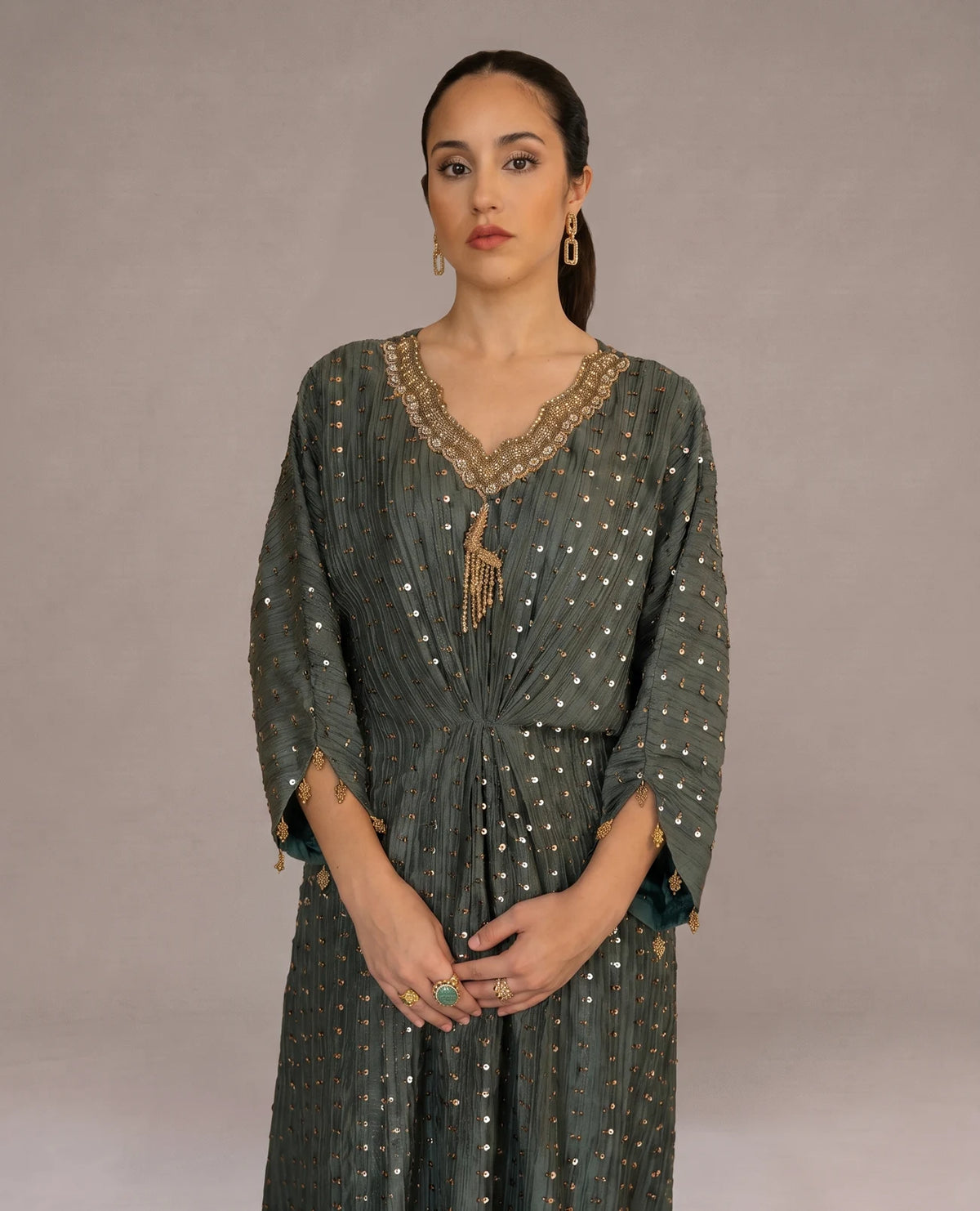 Emerald Green Embellished Silk Kaftan