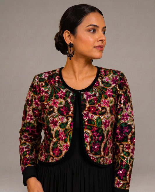 Black Garden Dress with Mosaic Floral Jacket