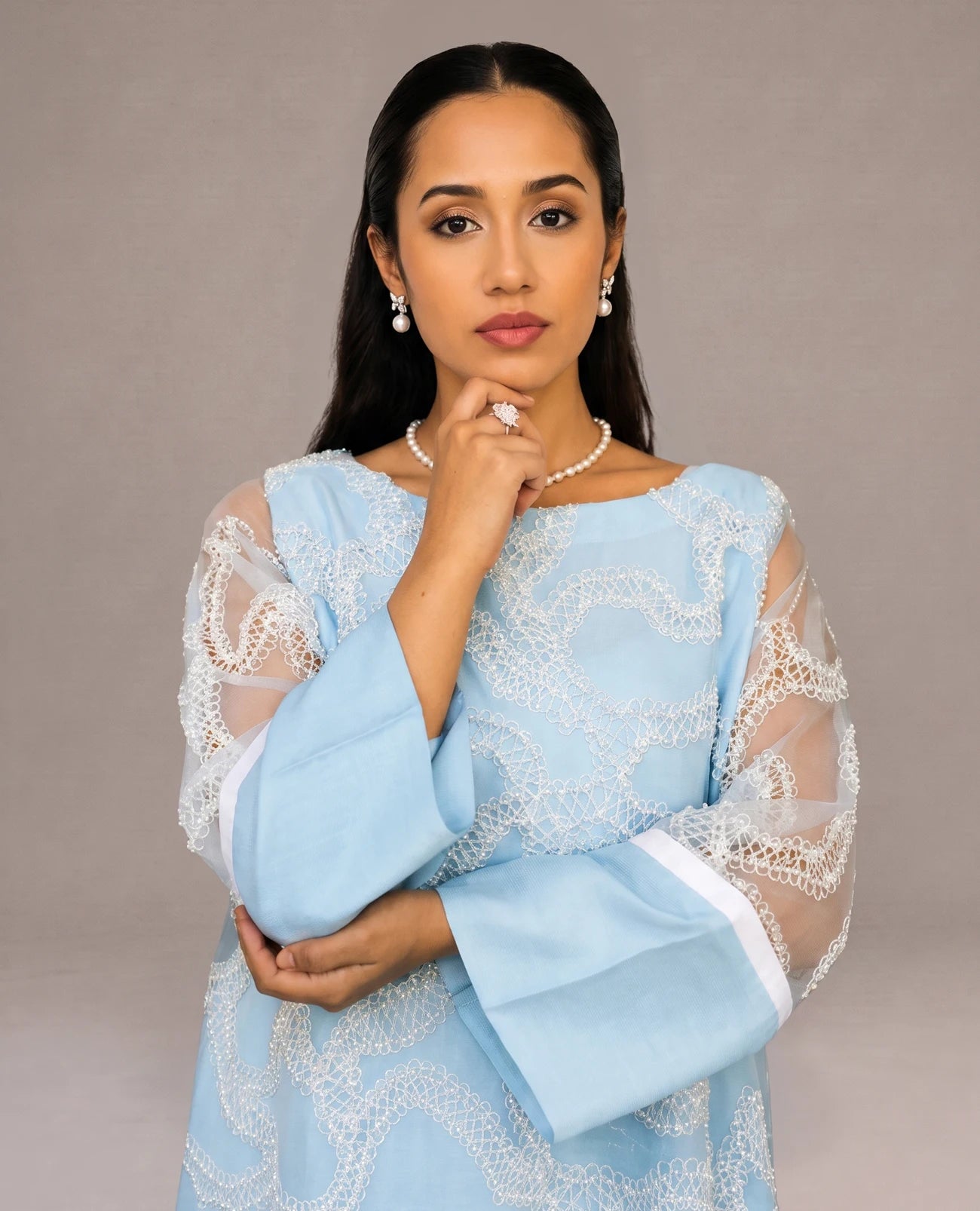 Pearl Powder Blue Lace Cascade Dress