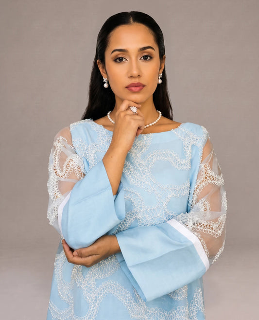 Pearl Powder Blue Lace Cascade Dress