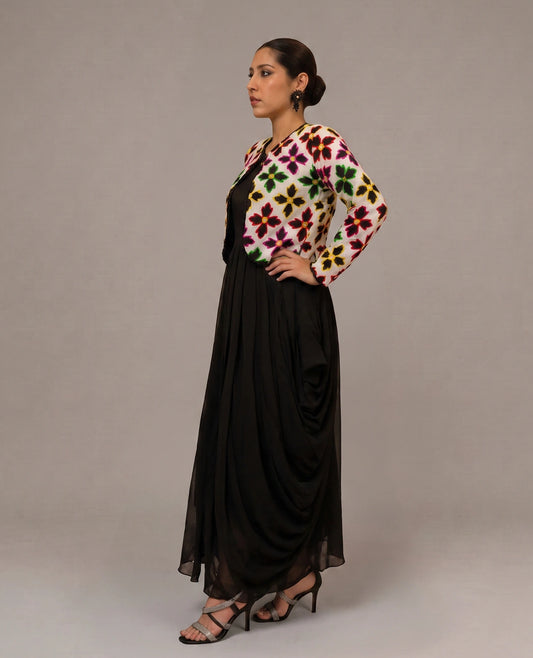 Black Garden Dress with Floral Embroidered Jacket