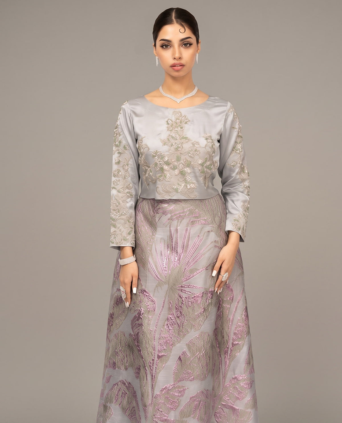 Silver Blossom Embellished Jacquard Gown