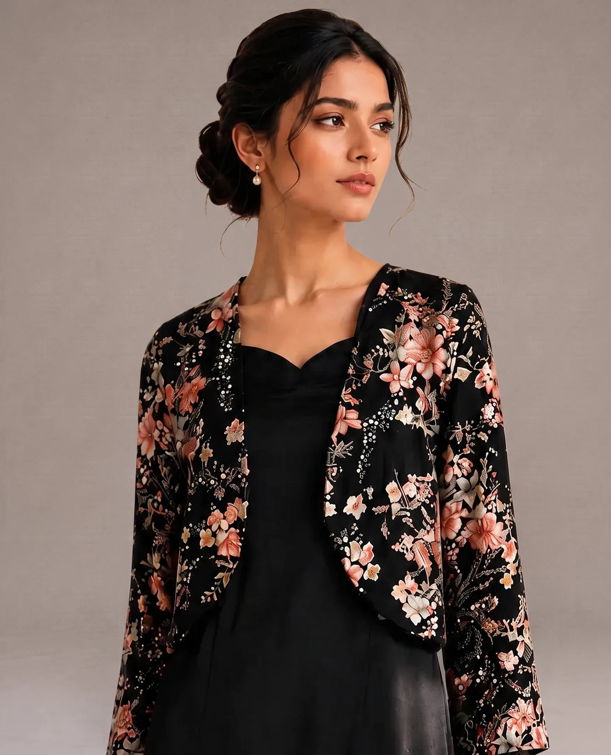 Black Floral Fishtail Jacket Gown