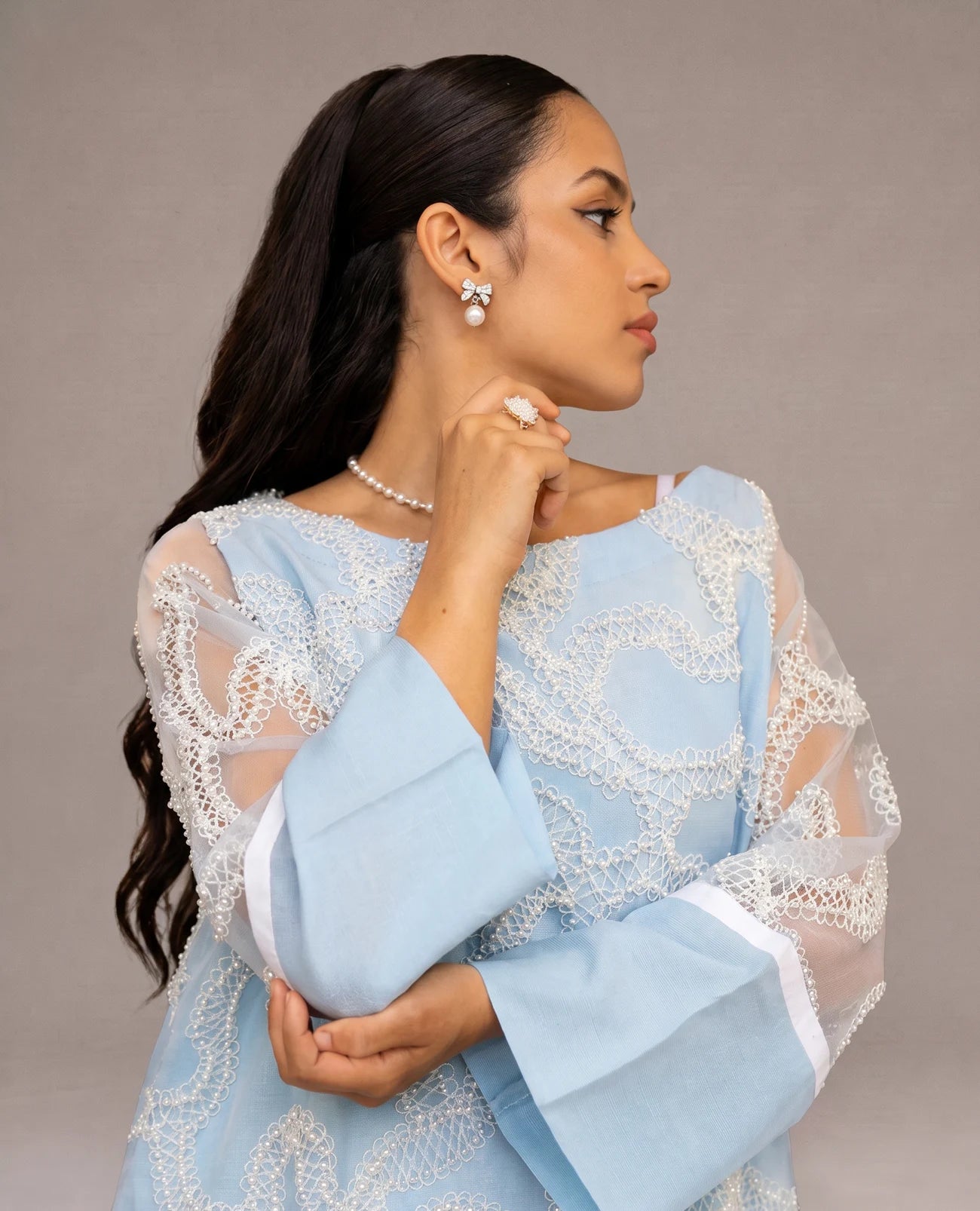 Pearl Powder Blue Lace Cascade Dress