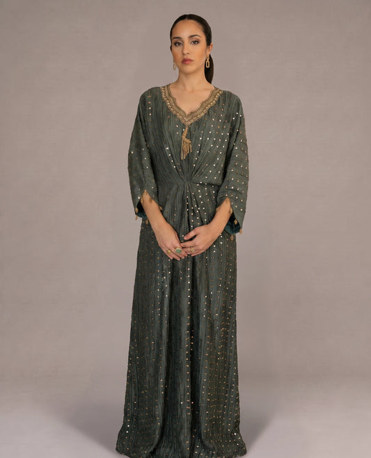 Emerald Green Embellished Silk Kaftan