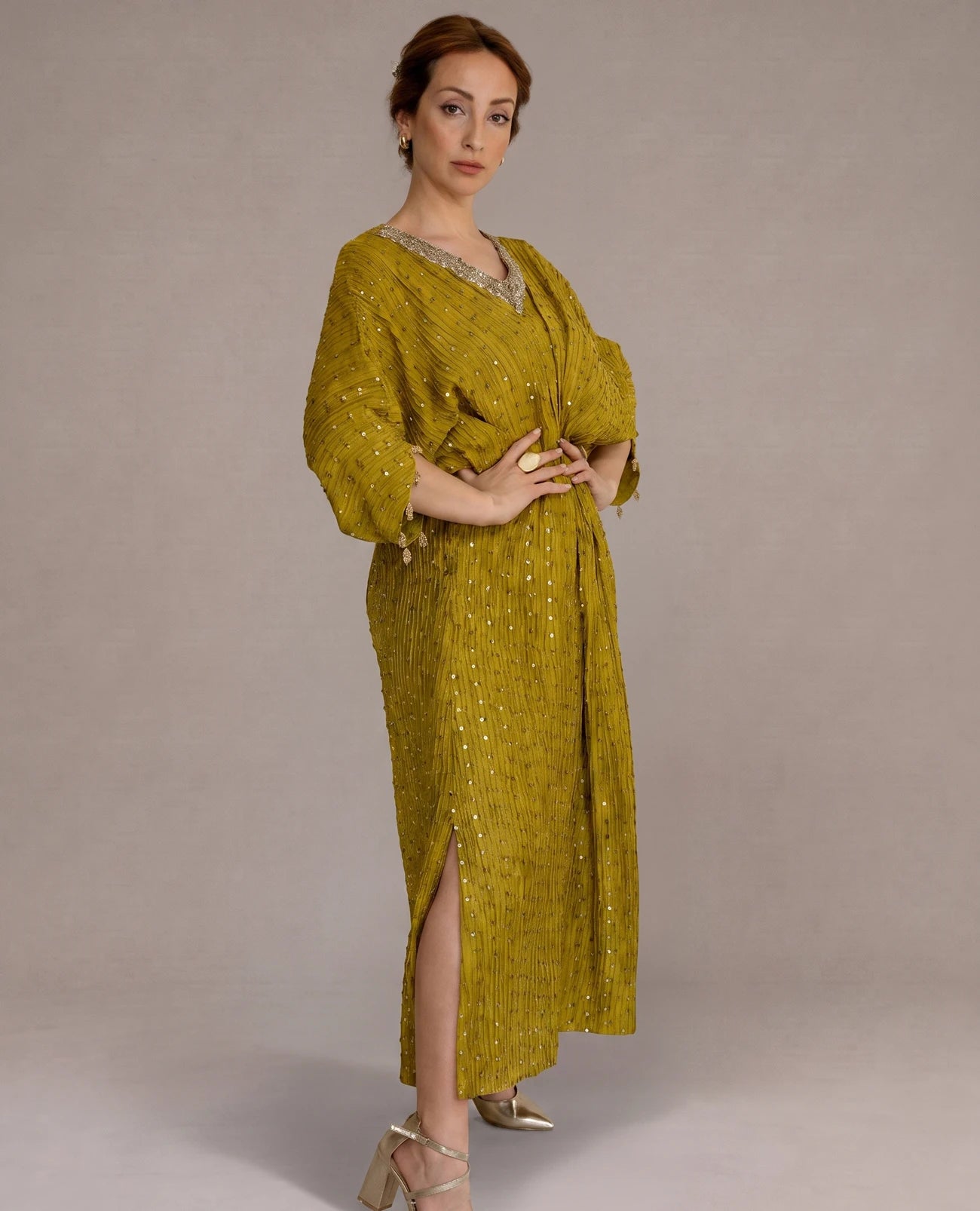 Rich Mustard Embellished Silk Kaftan