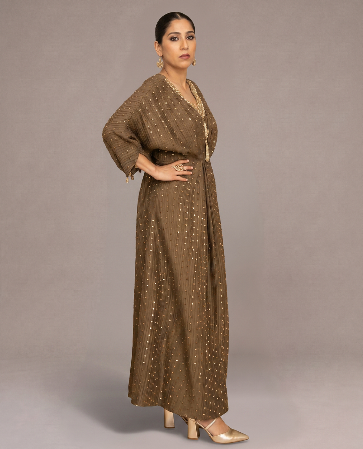 Olive Clay Embellished Silk Kaftan