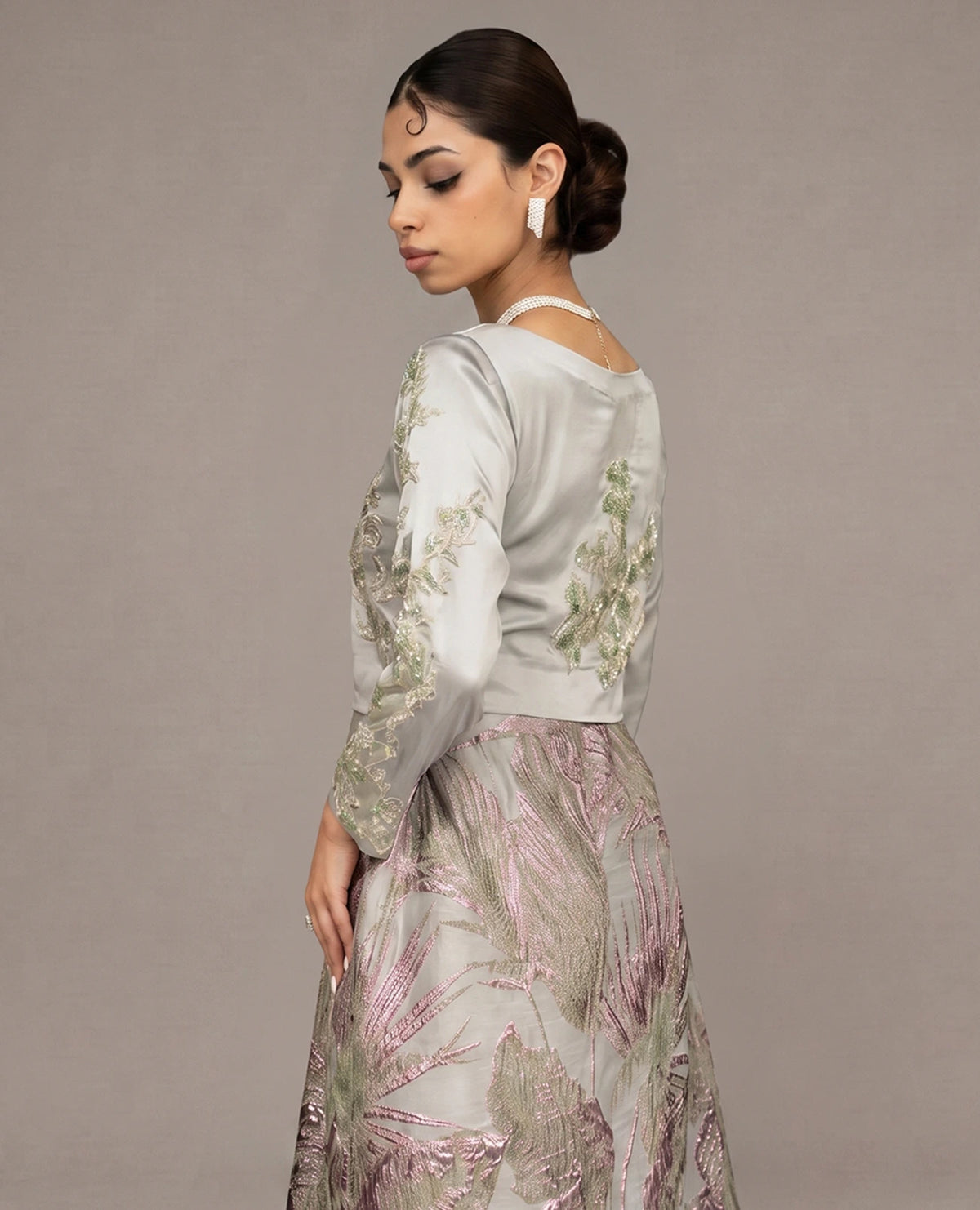 Silver Blossom Embellished Jacquard Gown
