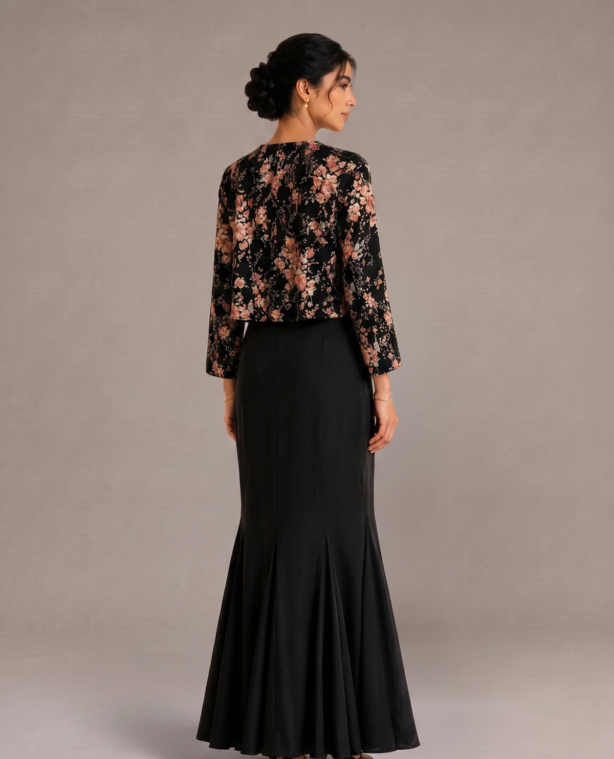 Black Floral Fishtail Jacket Gown