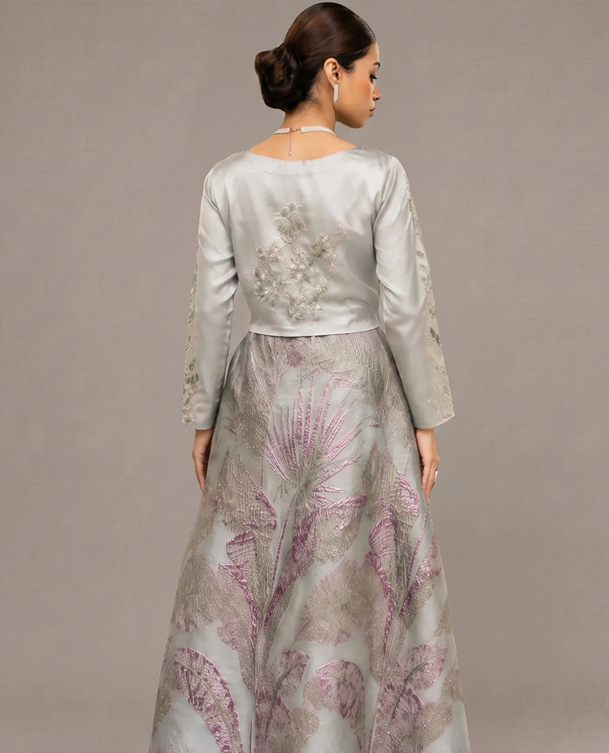 Silver Blossom Embellished Jacquard Gown