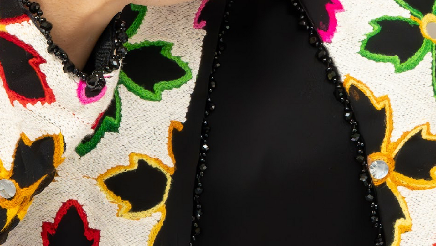 Black Garden Dress with Floral Embroidered Jacket