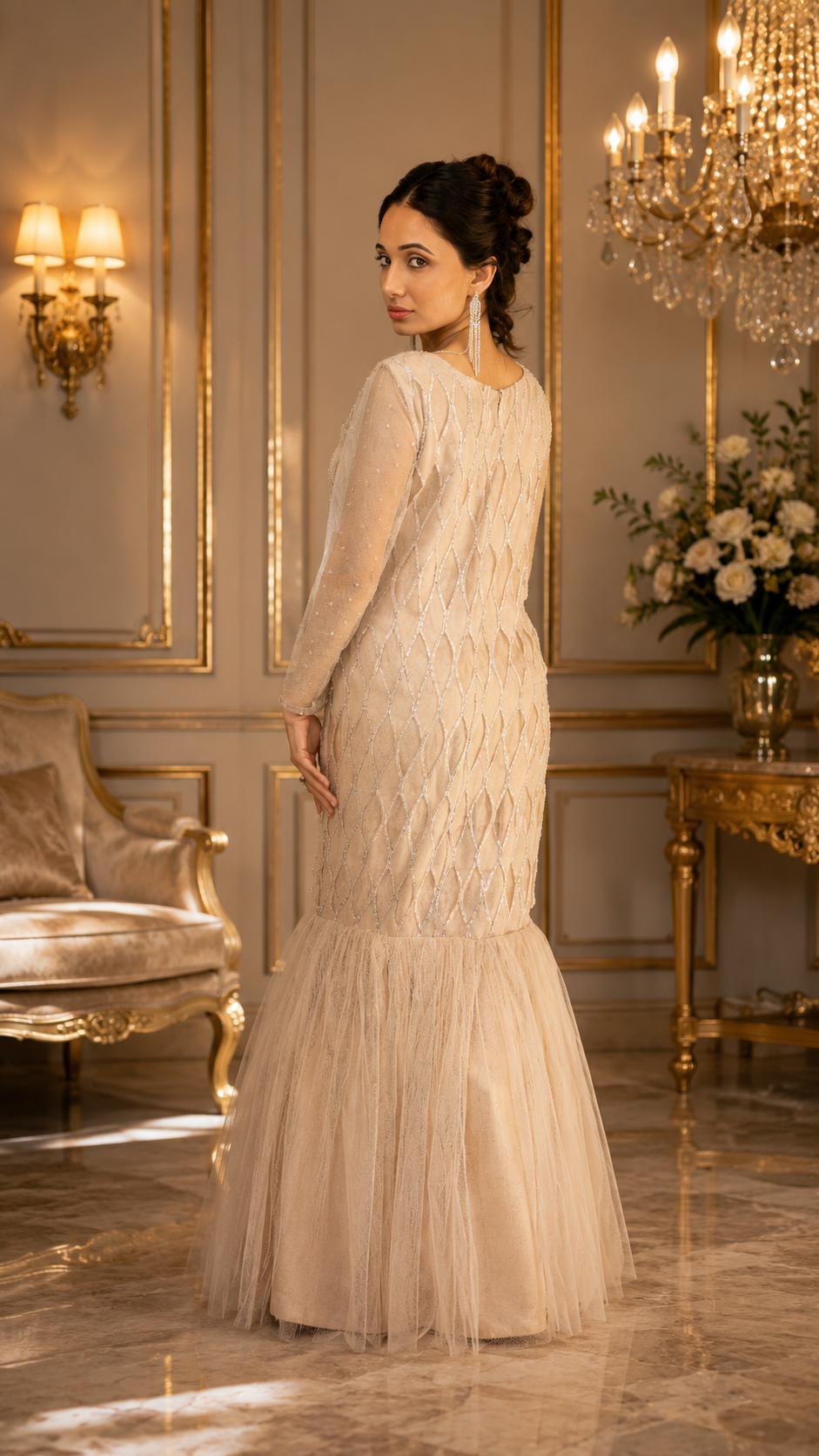 Dusty Peach Sequined Organza & Silk Mermaid Maxi