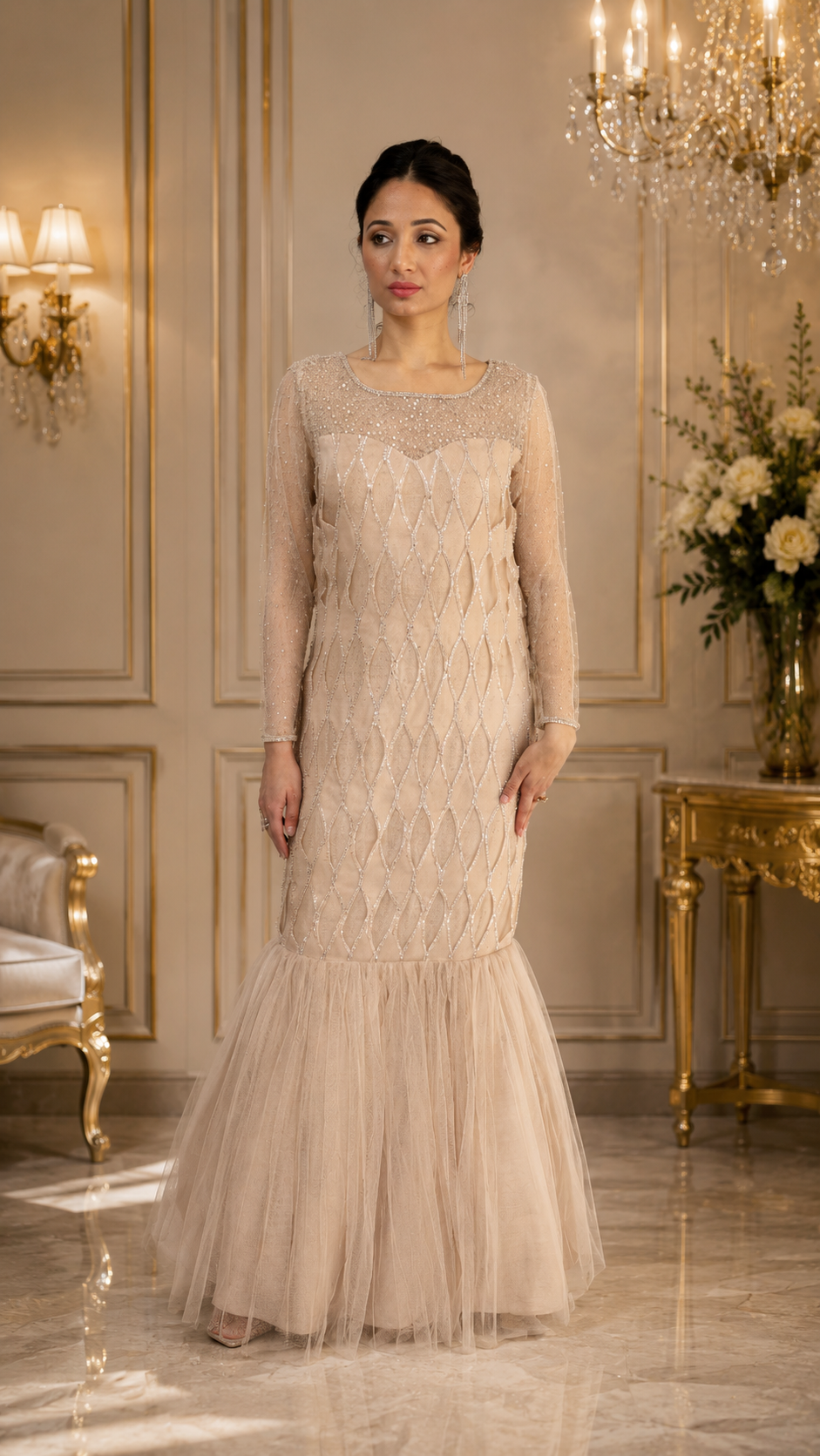 Dusty Peach Sequined Organza & Silk Mermaid Maxi