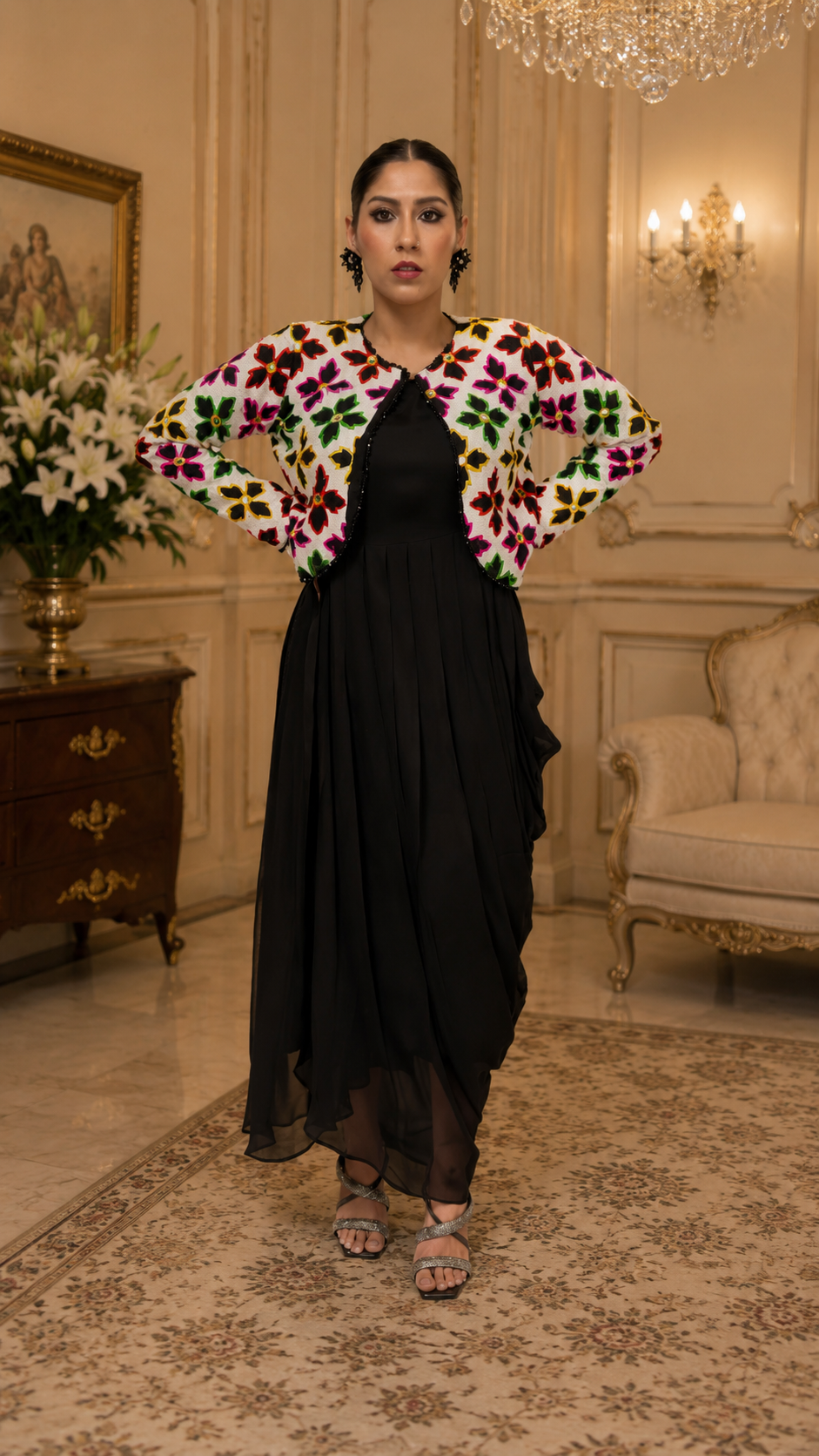 Black Garden Dress with Floral Embroidered Jacket