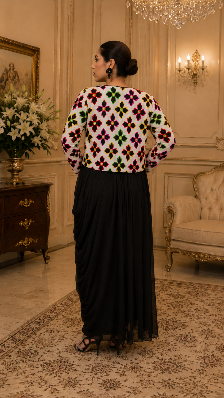 Black Garden Dress with Floral Embroidered Jacket