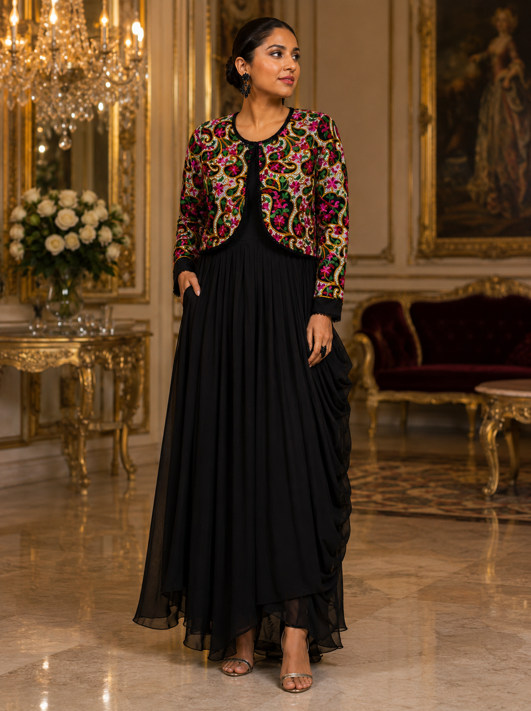 Black Garden Dress with Mosaic Floral Jacket
