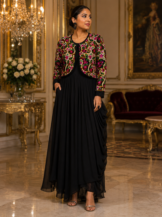 Black Garden Dress with Mosaic Floral Jacket