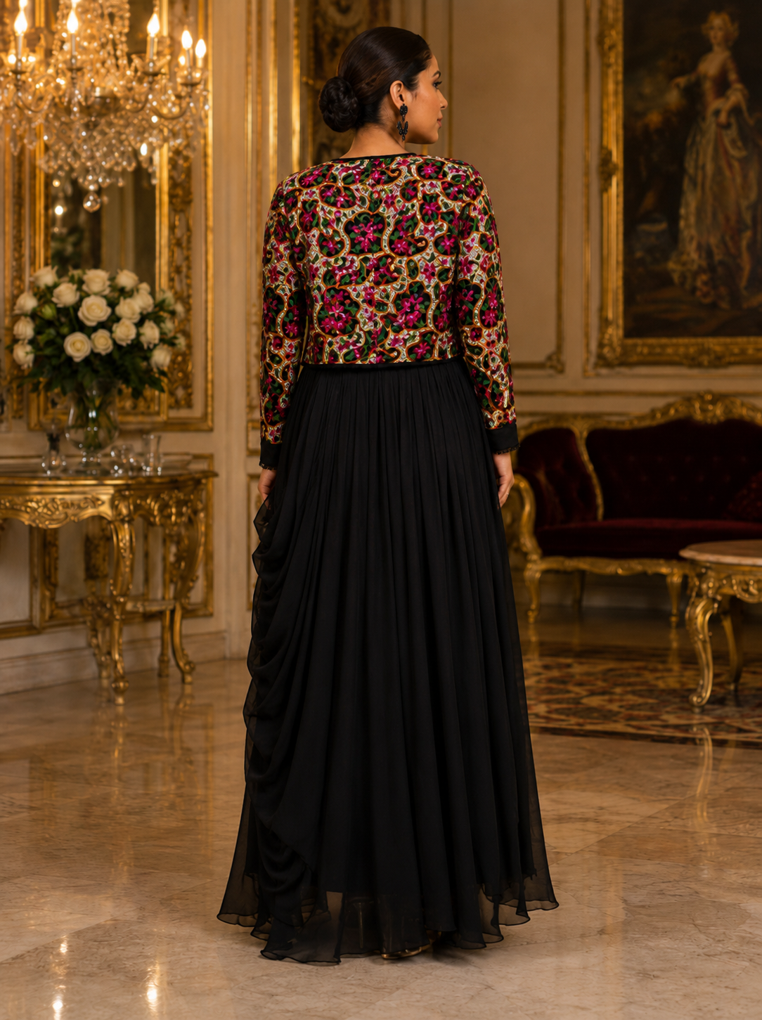 Black Garden Dress with Mosaic Floral Jacket