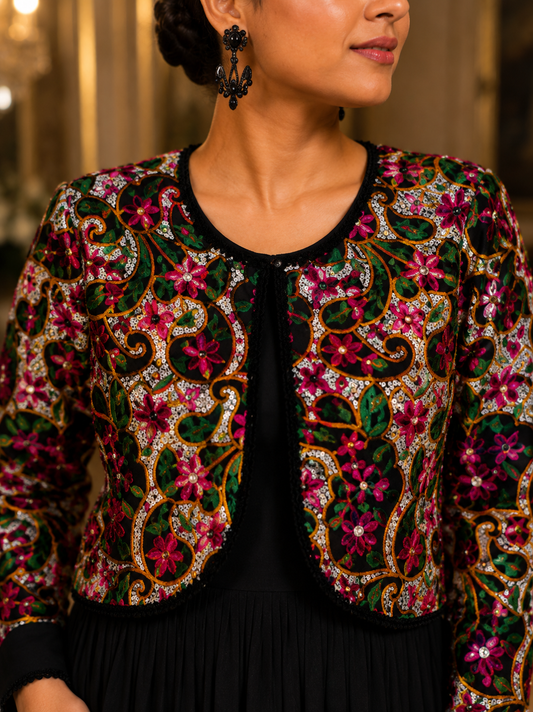 Black Garden Dress with Mosaic Floral Jacket