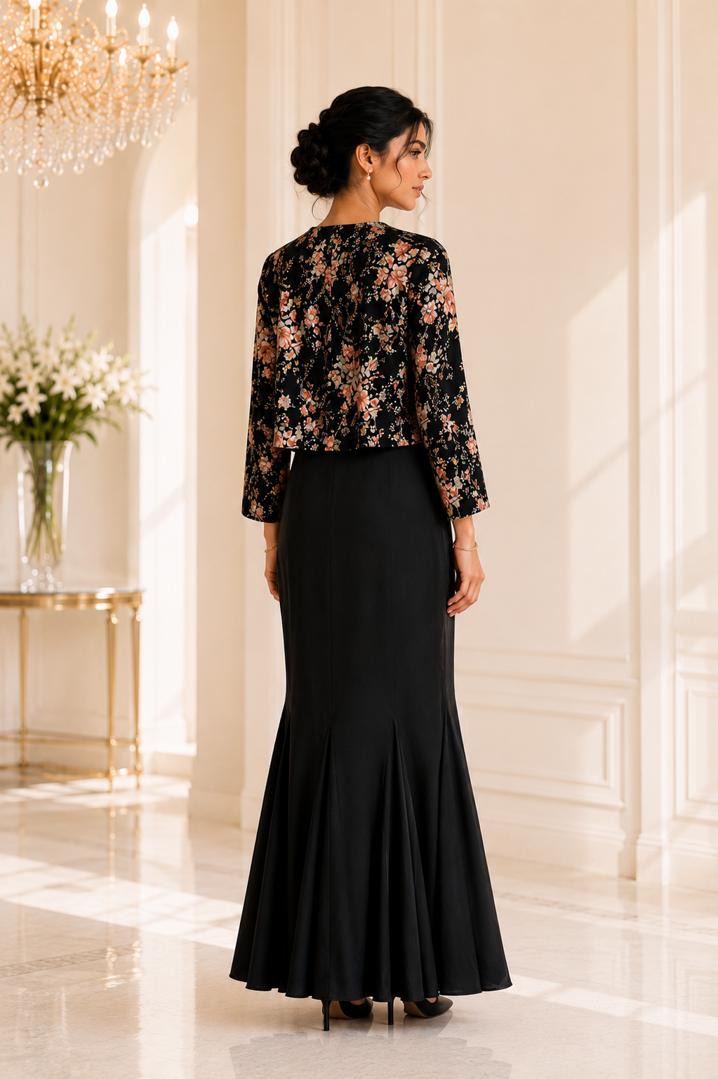 Black Floral Fishtail Jacket Gown