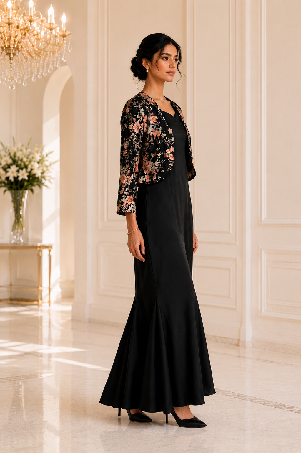 Black Floral Fishtail Jacket Gown