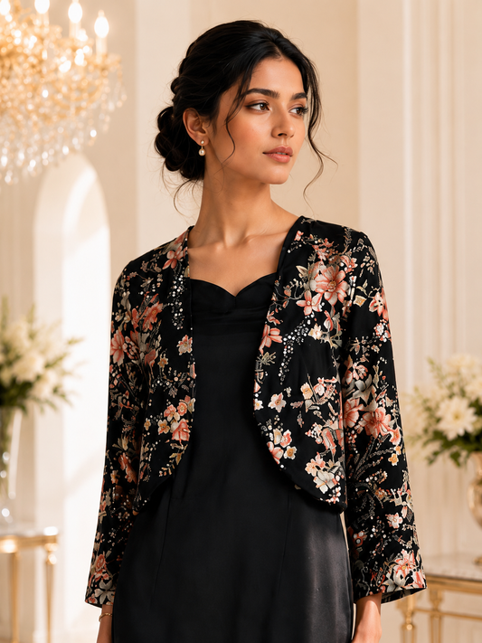 Black Floral Fishtail Jacket Gown