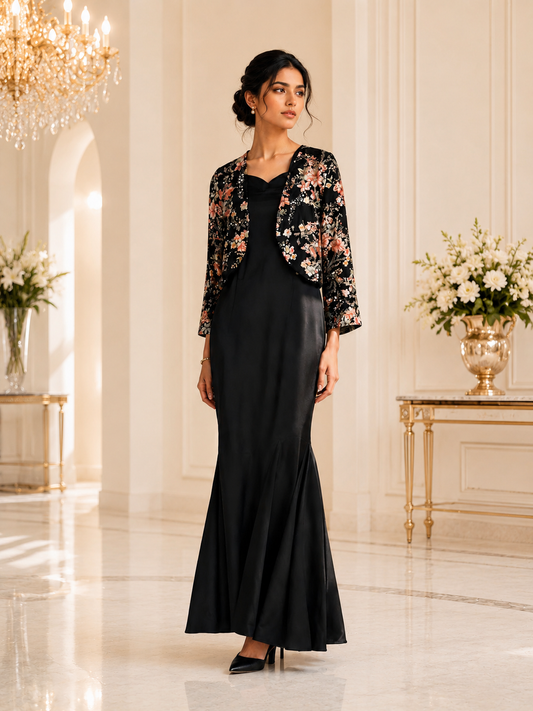 Black Floral Fishtail Jacket Gown