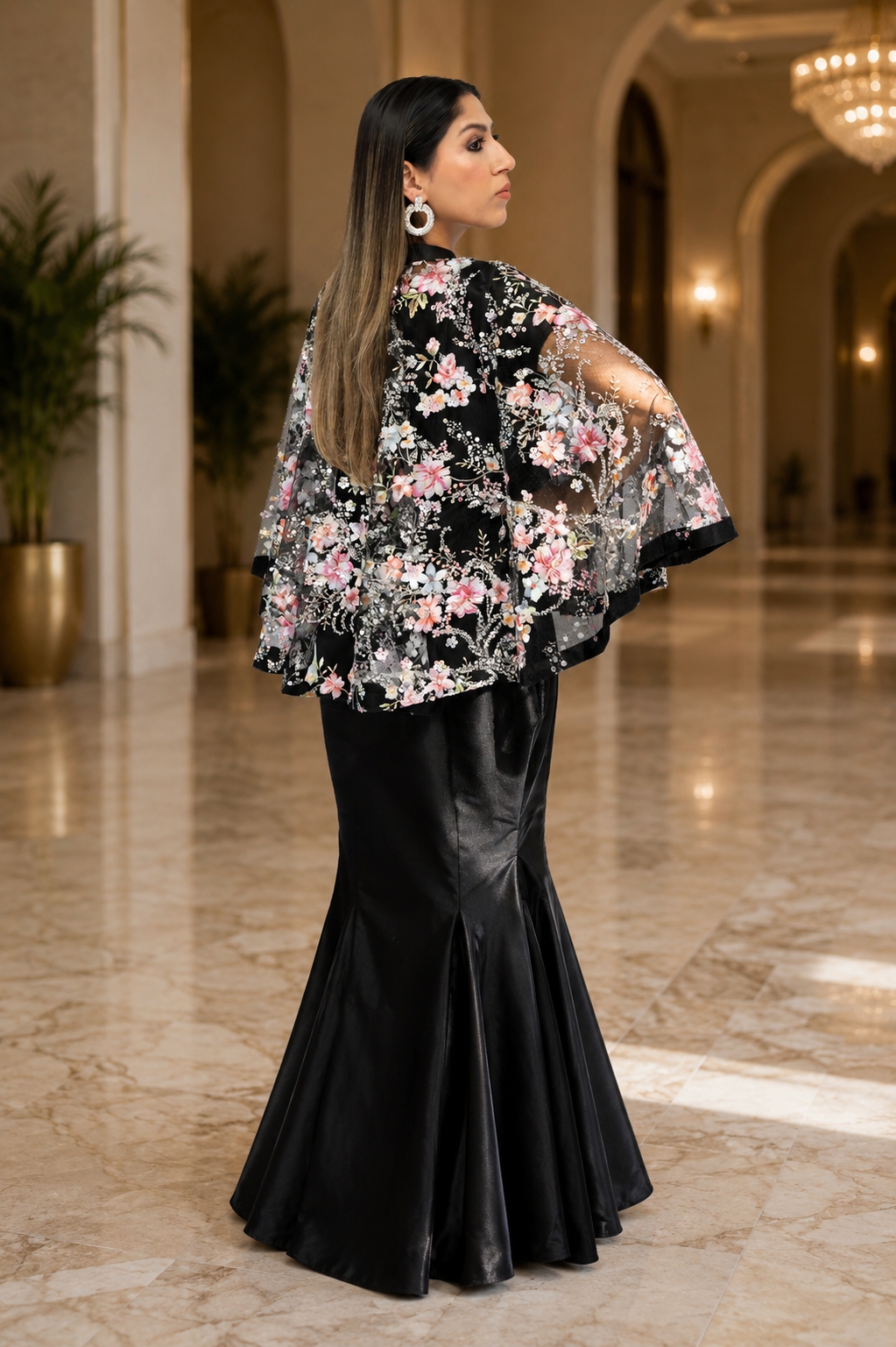 Eclipse Floral Fishtail Cape Gown (2 Piece Set)